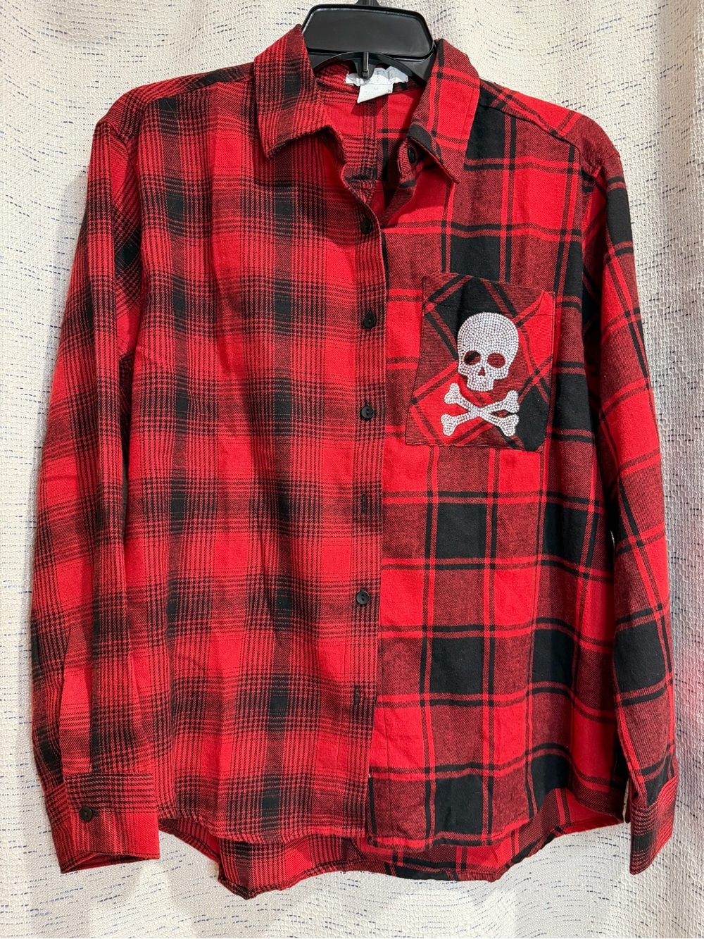 LIFE Red & Black Plaid Button-Up Shirt with Skull Patch